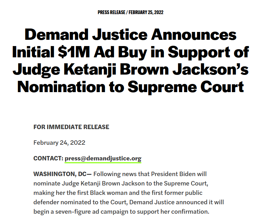 Demand Justice Announces Ad Promoting Judge Jackson Before Her Nomination